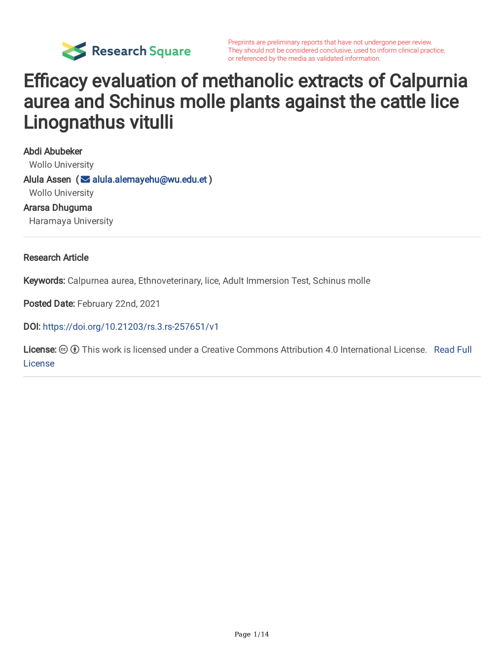 E Cacy Evaluation of Methanolic Extracts of Calpurnia Aurea And