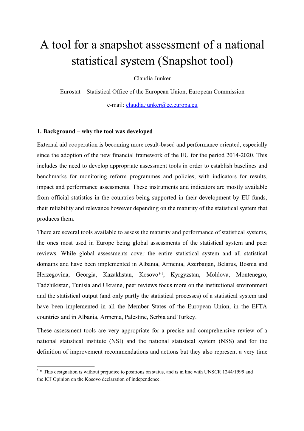 A Tool for a Snapshot Assessment of a National Statistical System (Snapshot Tool)