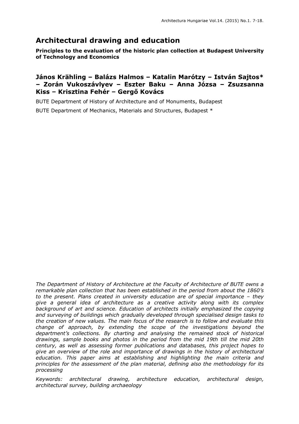 Architectural Drawing and Education Principles to the Evaluation of the Historic Plan Collection at Budapest University of Technology and Economics