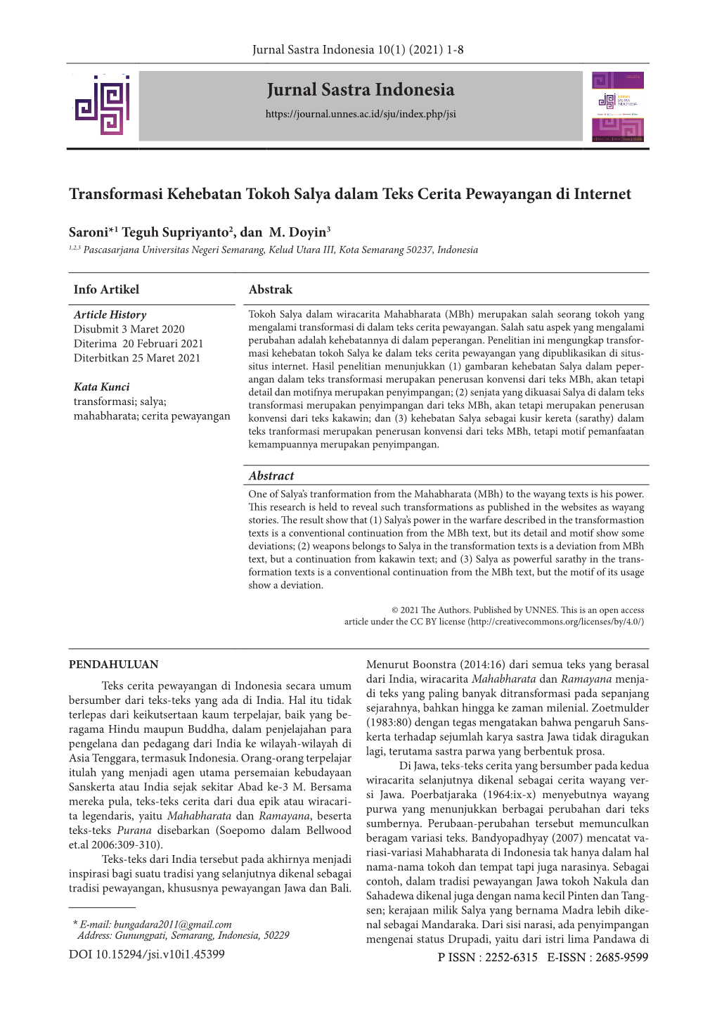 Jurnal Sastra Indonesia 10(1) (2021) 1-8