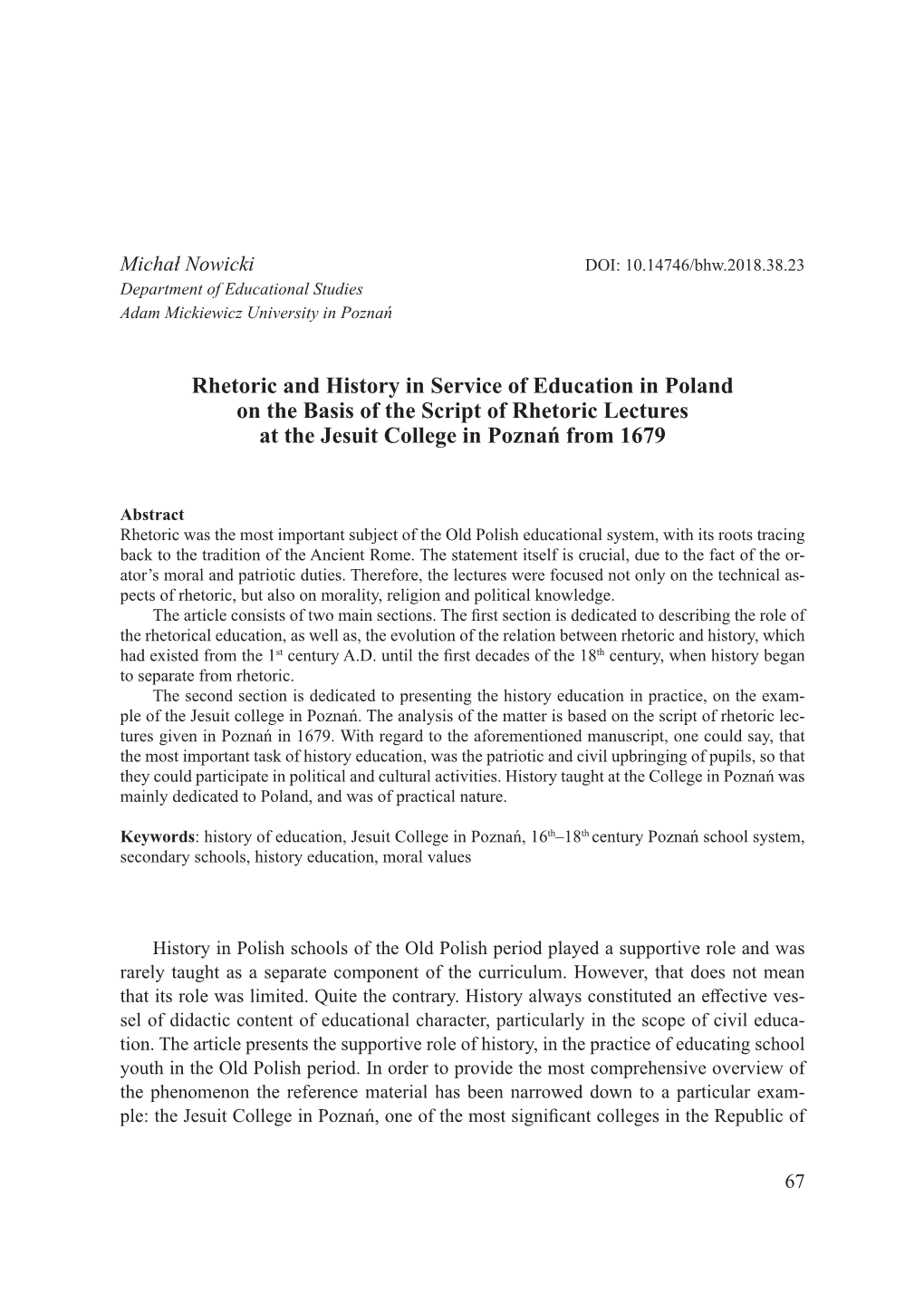 Rhetoric and History in Service of Education in Poland on the Basis of the Script of Rhetoric Lectures at the Jesuit College in Poznań from 1679