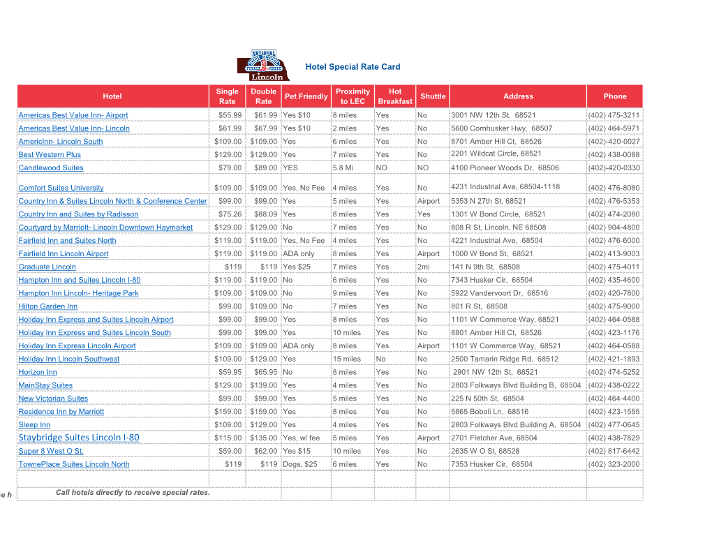 Staybridge Suites Lincoln I-80 $115.00 $135.00 Yes, W/ Fee 5 Miles Yes Airport 2701 Fletcher Ave, 68504 (402) 438-7829 Super 8 West O St