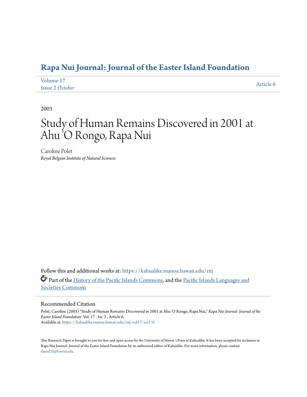 Study of Human Remains Discovered in 2001 at Ahu 'O Rongo, Rapa Nui Caroline Polet Royal Belgian Institute of Natural Sciences