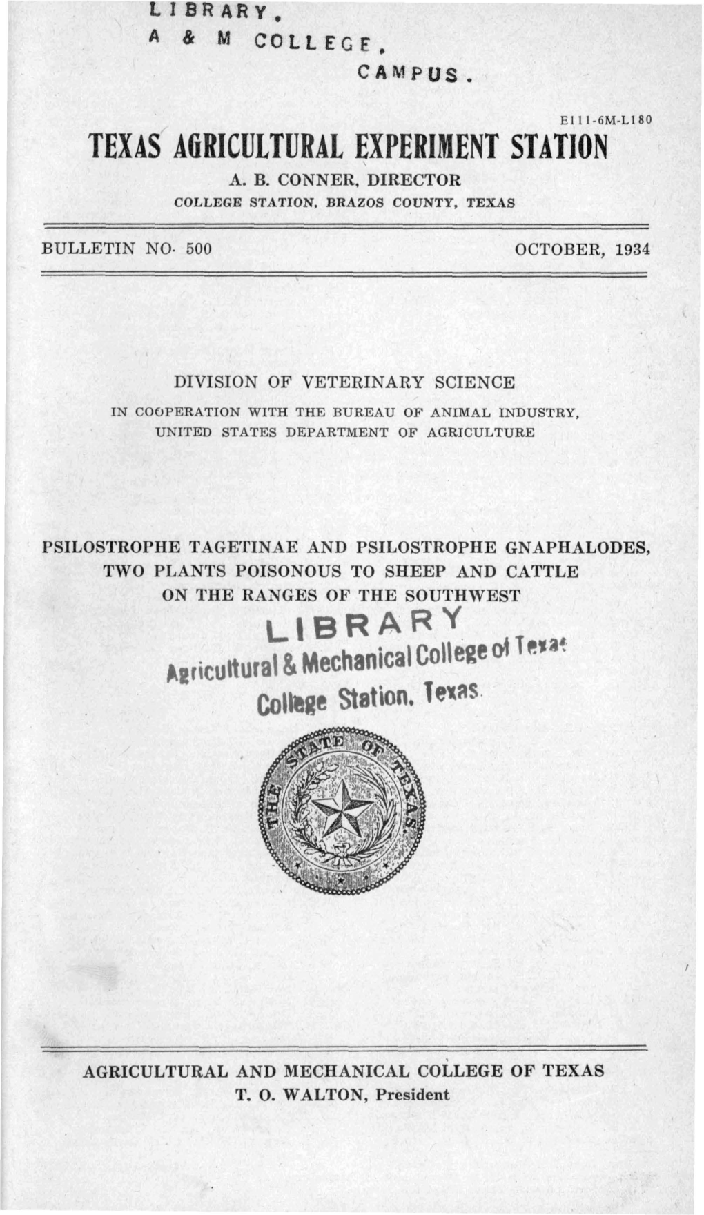 TEXAS AGRICULTURAL EXPERIMENT STA1 ,Vl, A