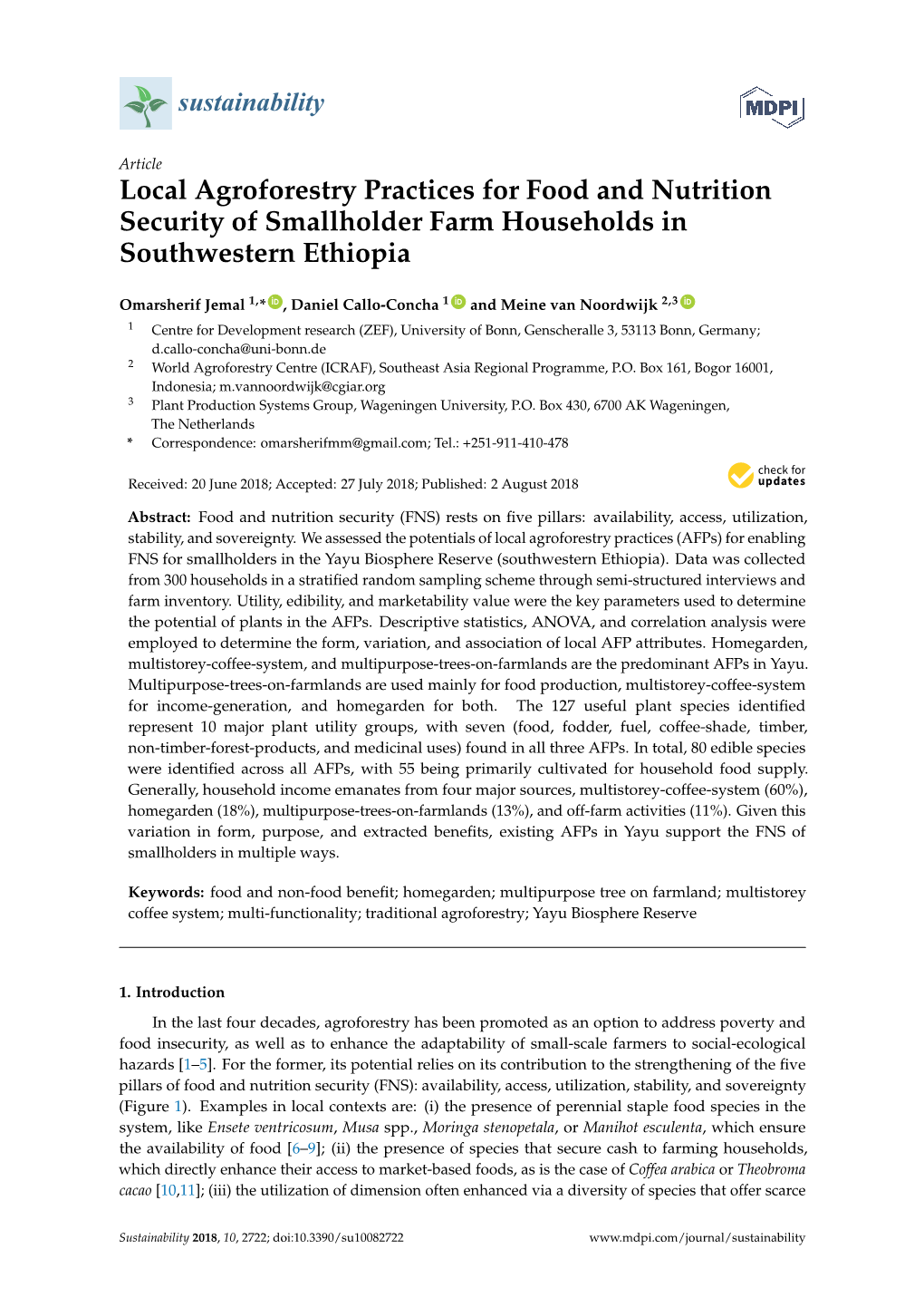 Local Agroforestry Practices for Food and Nutrition Security of Smallholder Farm Households in Southwestern Ethiopia