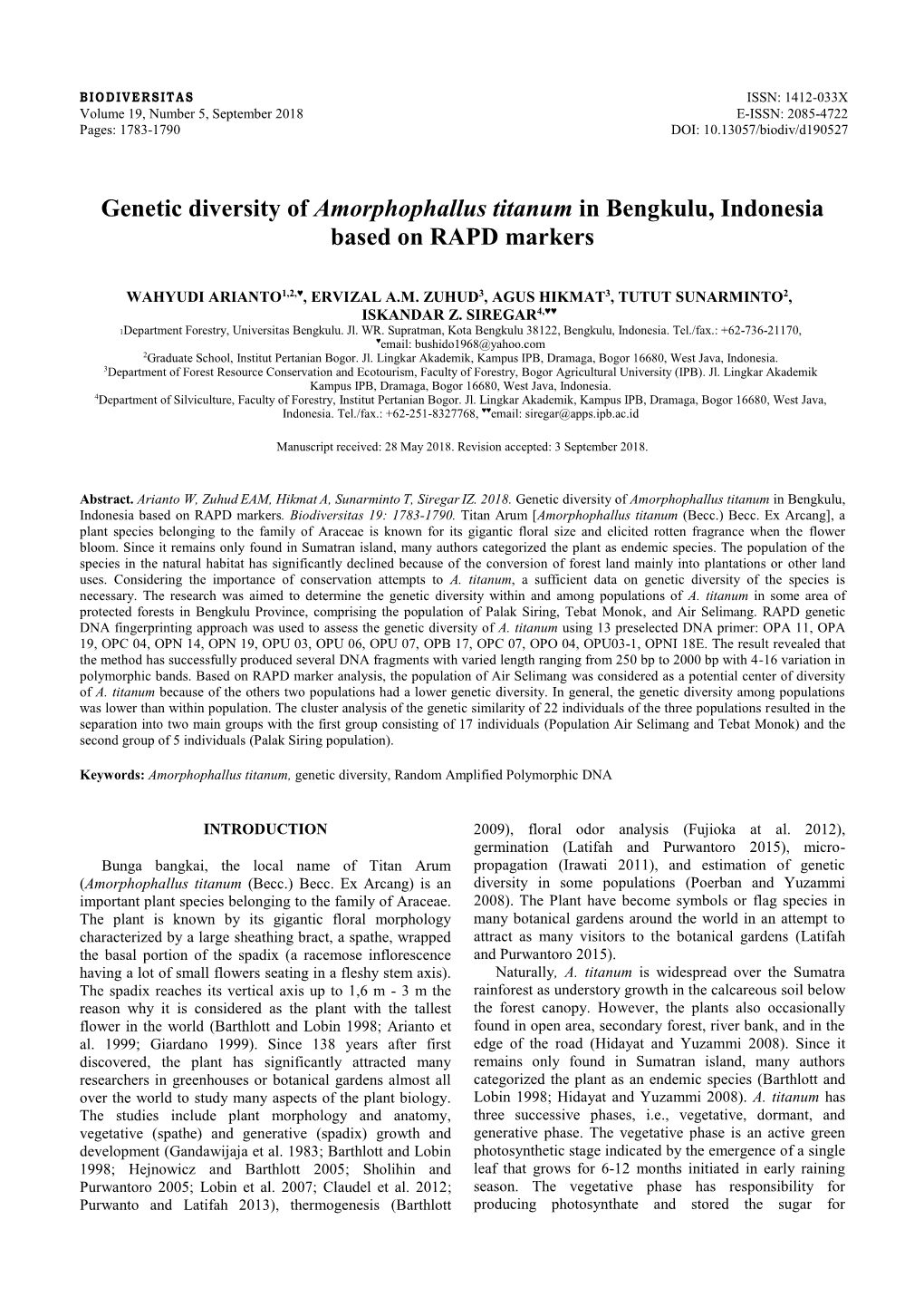 Genetic Diversity of Amorphophallus Titanum in Bengkulu, Indonesia Based on RAPD Markers