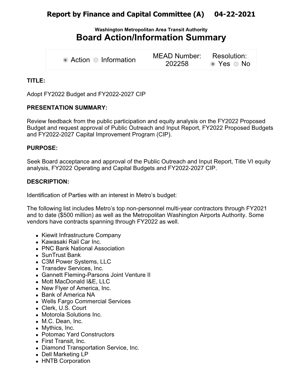 FY 2022 Operating Budget and Capital