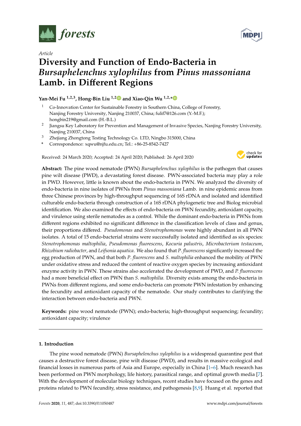 Diversity and Function of Endo-Bacteria in Bursaphelenchus Xylophilus from Pinus Massoniana Lamb