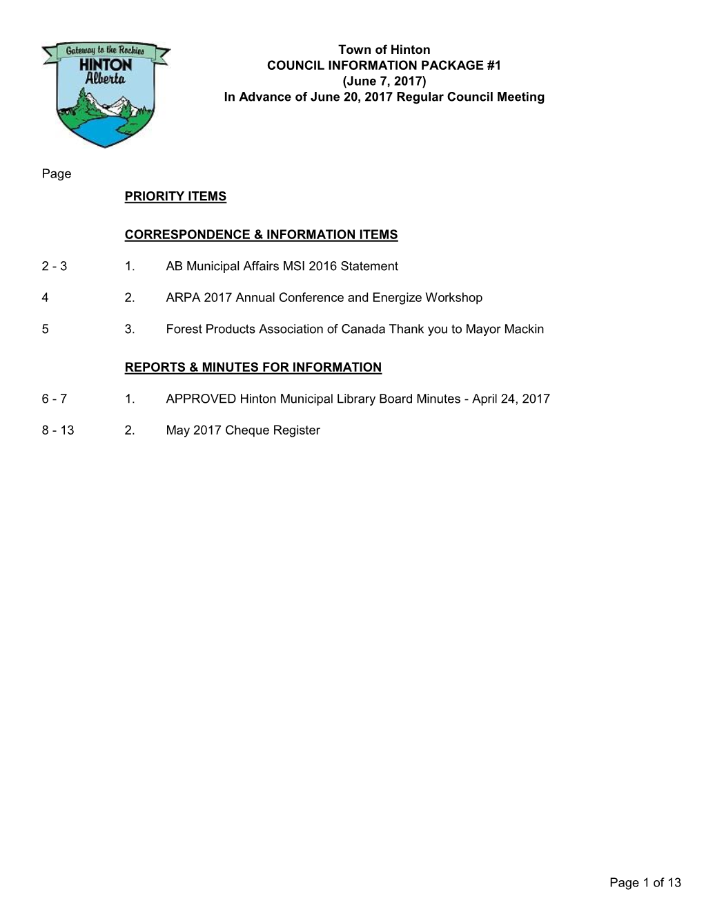 COUNCIL INFORMATION PACKAGE #1 (June 7, 2017) in Advance of June 20, 2017 Regular Council Meeting