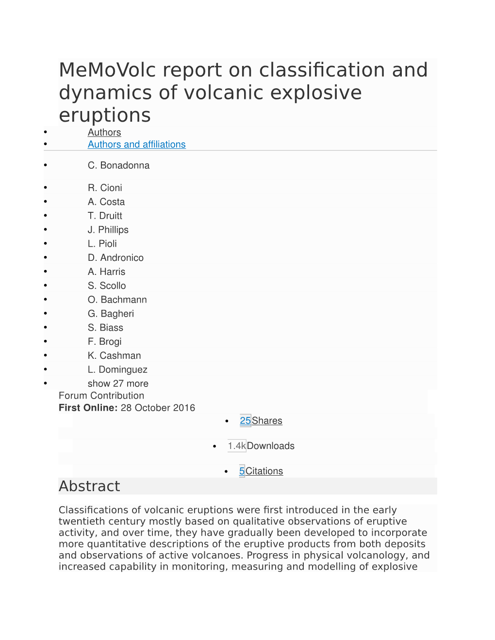 Memovolc Report on Classification and Dynamics of Volcanic Explosive Eruptions  Authors  Authors and Affiliations