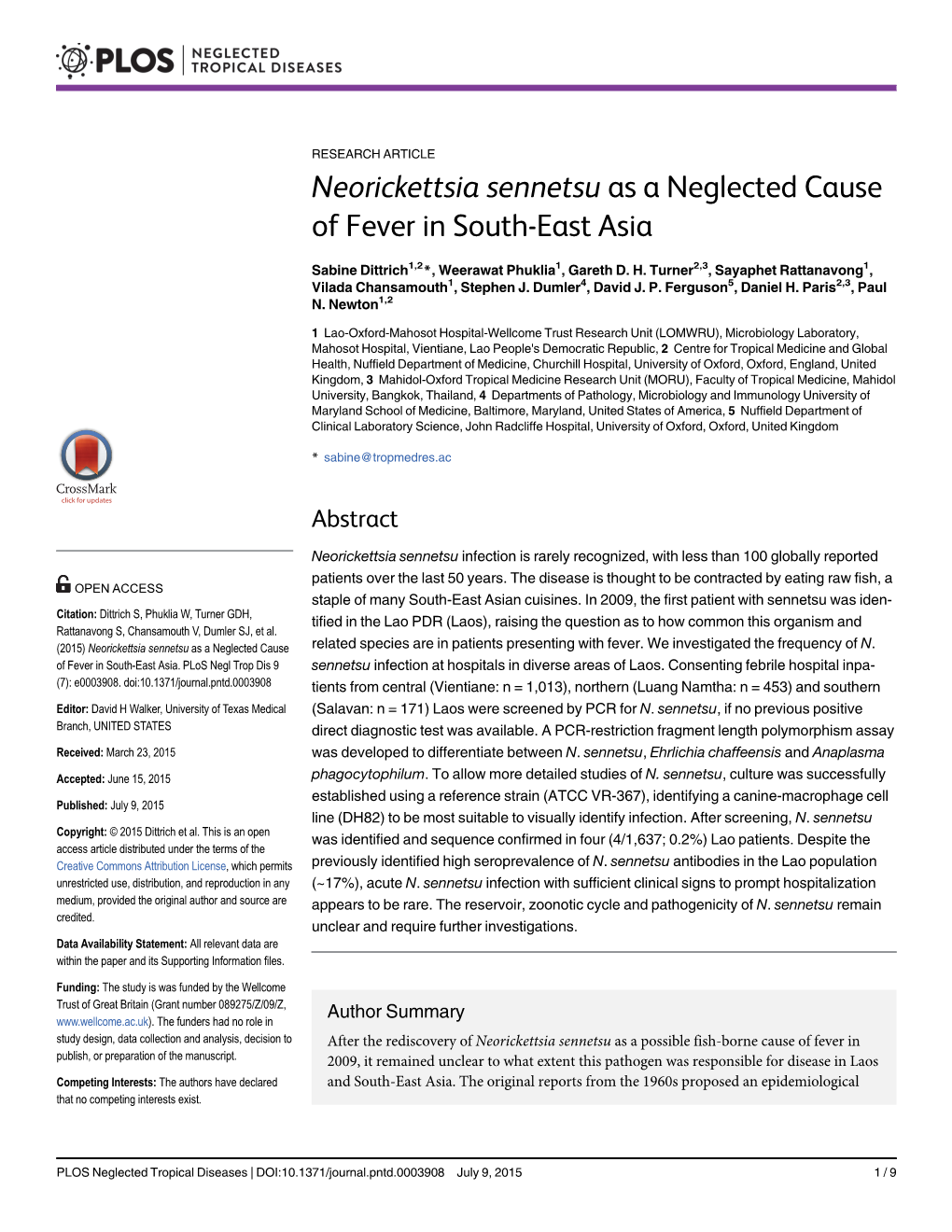 Neorickettsia Sennetsu As a Neglected Cause of Fever in South-East Asia