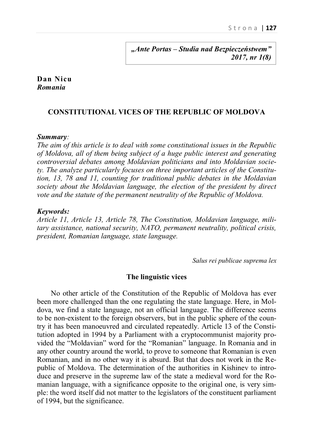 Constitutional Vices of the Republic of Moldova