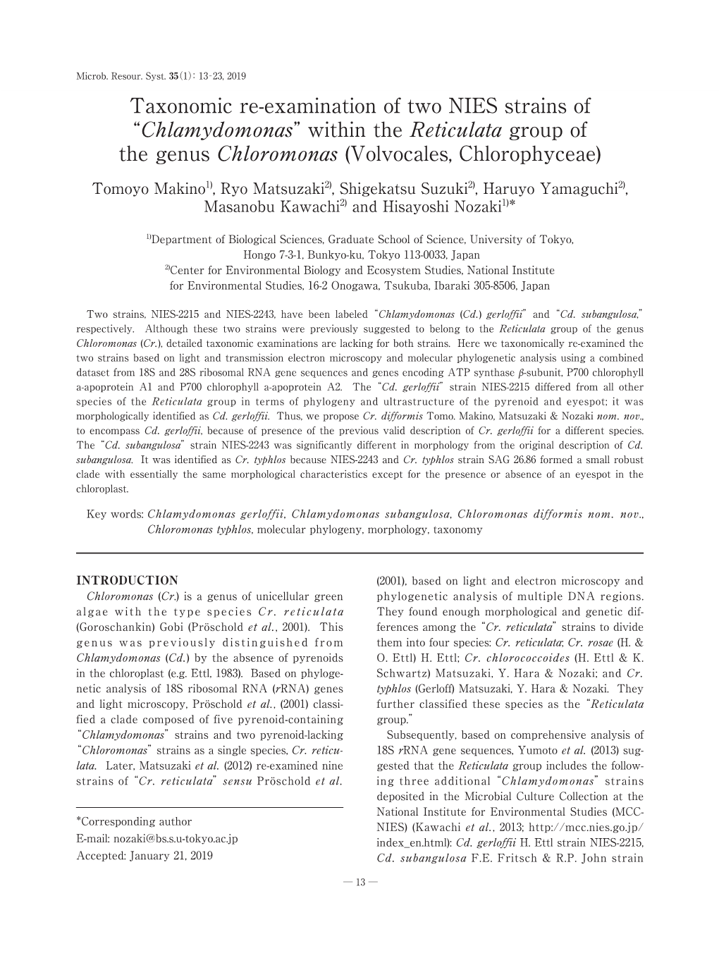 Taxonomic Re-Examination of Two NIES Strains of “Chlamydomonas” Within the Reticulata Group of the Genus Chloromonas (Volvocales, Chlorophyceae)