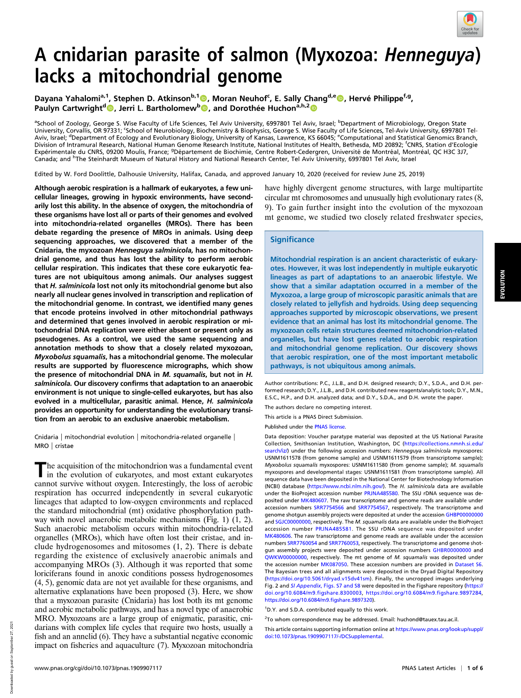 (Myxozoa: Henneguya) Lacks a Mitochondrial Genome