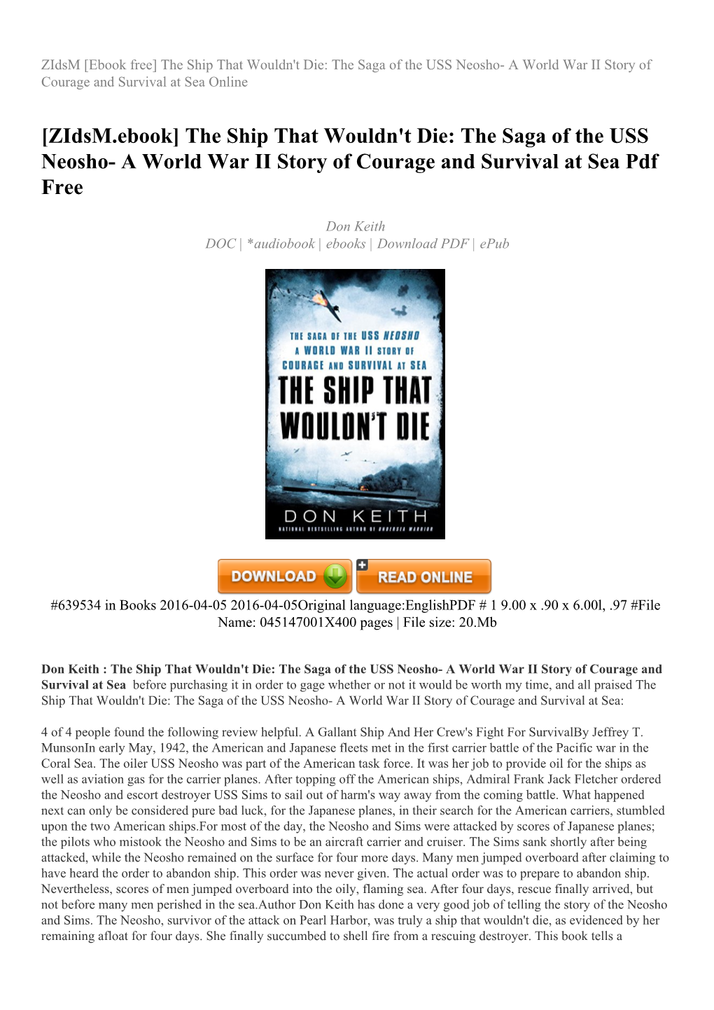 The Ship That Wouldn't Die: the Saga of the USS Neosho- a World War II Story of Courage and Survival at Sea Online