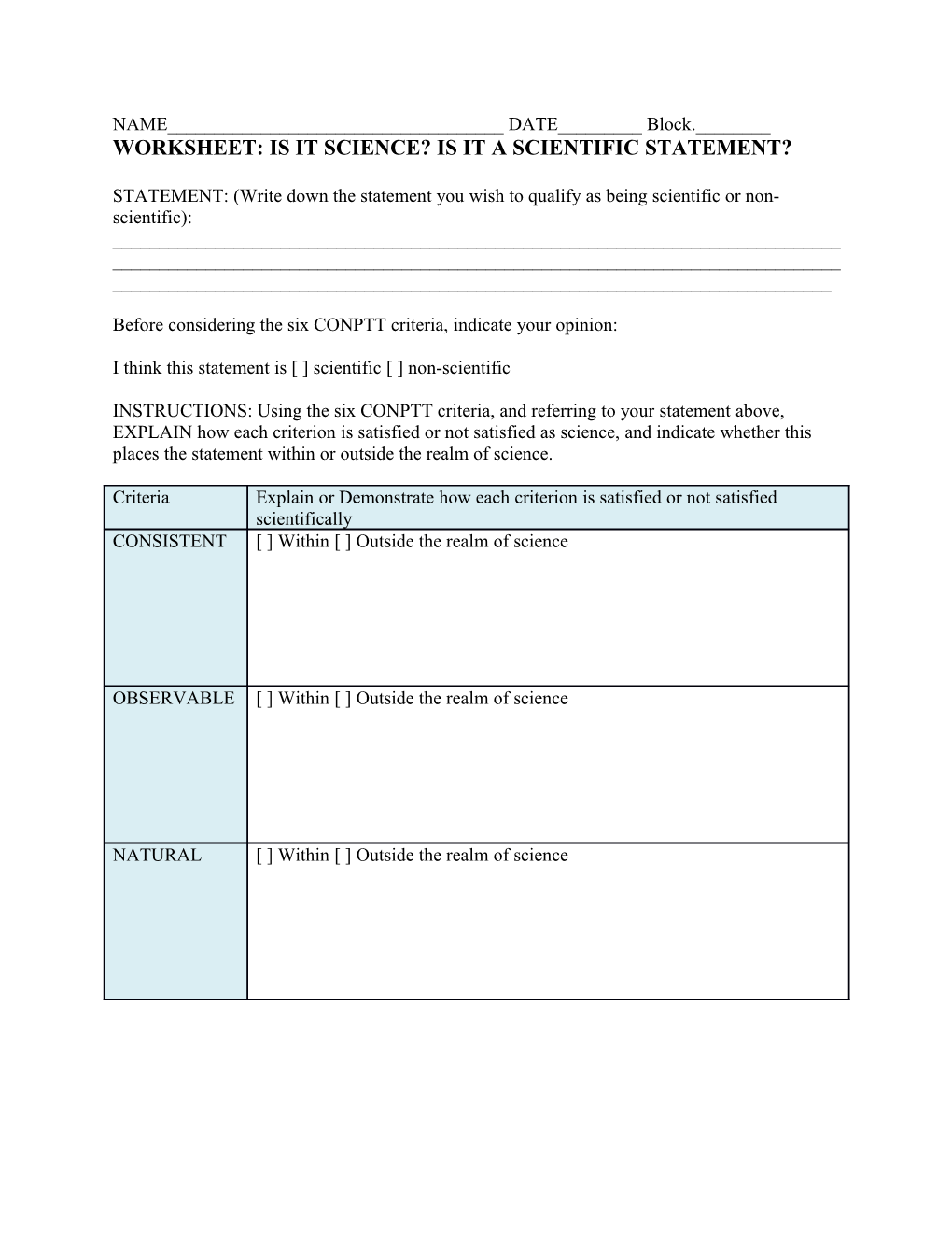 Worksheet: Is It Science? Is It a Scientific Statement?