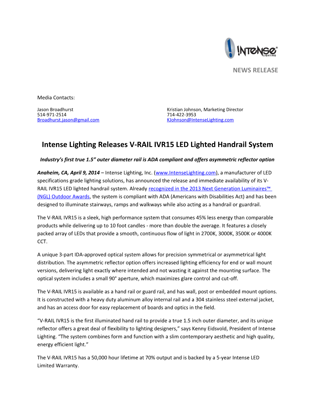 Intense Lighting Releases V-RAIL IVR15 LED Lighted Handrail System