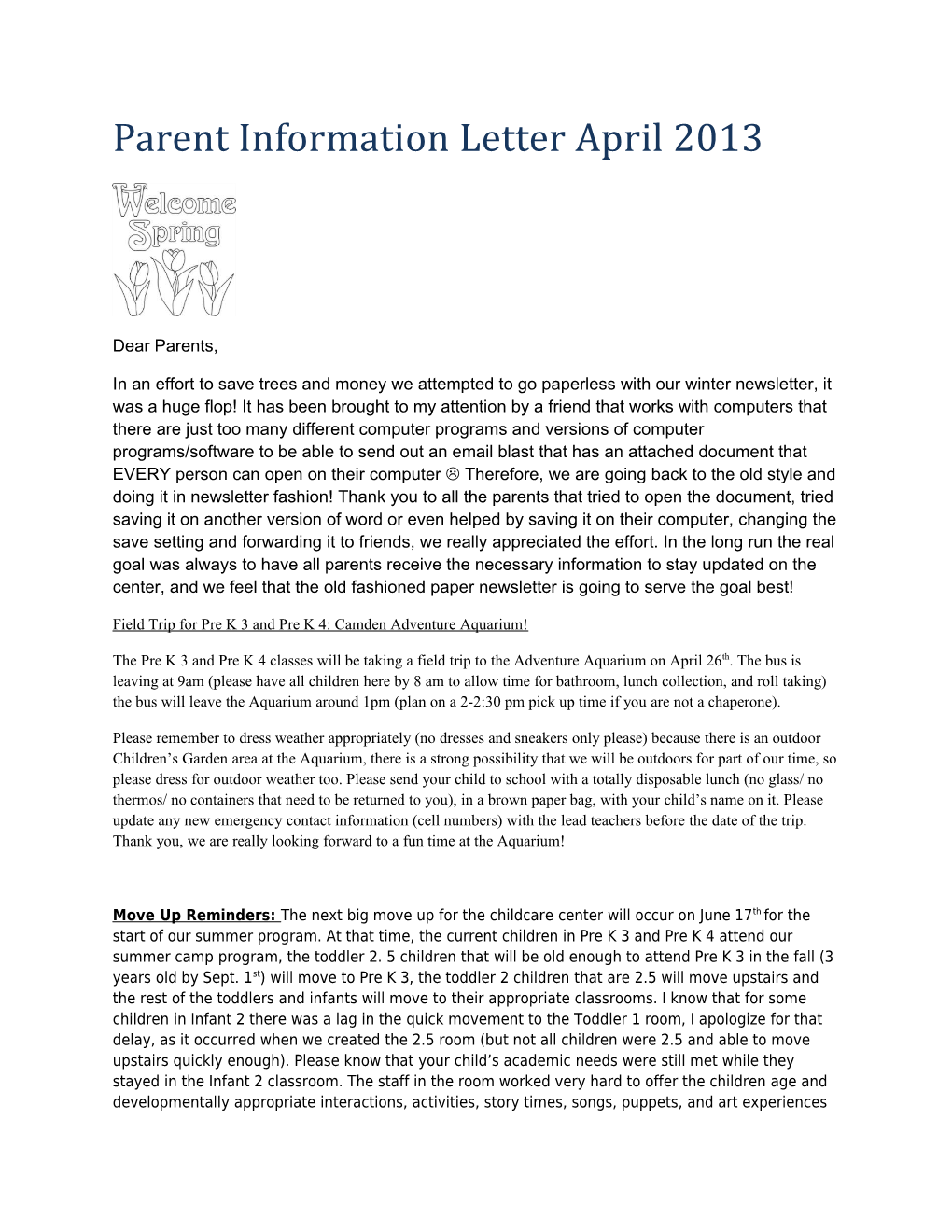 Parent Information Letter April 2013