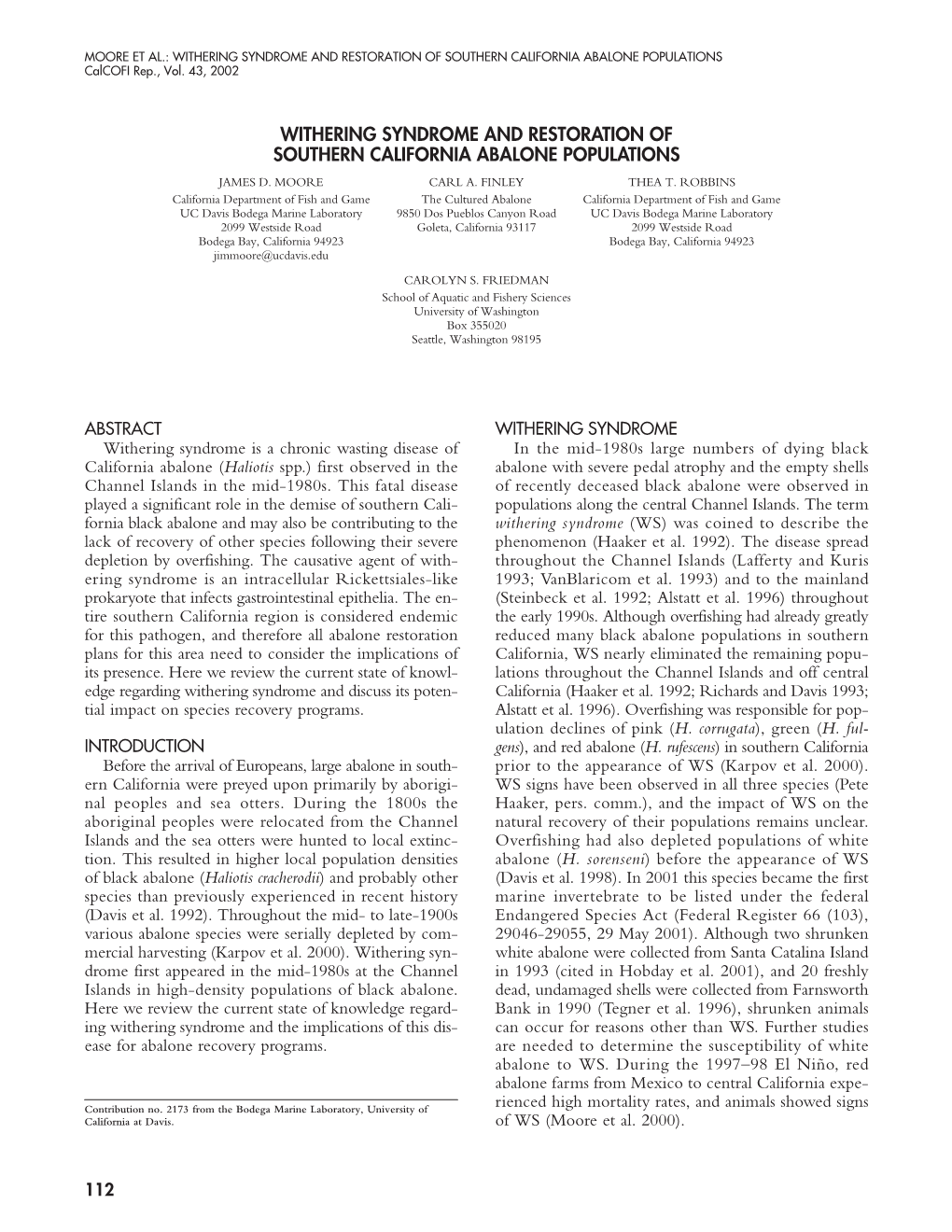 WITHERING SYNDROME and RESTORATION of SOUTHERN CALIFORNIA ABALONE POPULATIONS Calcofi Rep., Vol