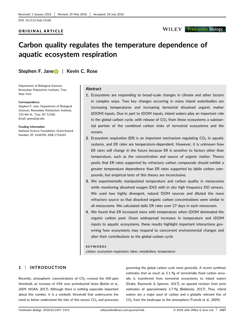 Carbon Quality Regulates the Temperature Dependence of Aquatic Ecosystem Respiration