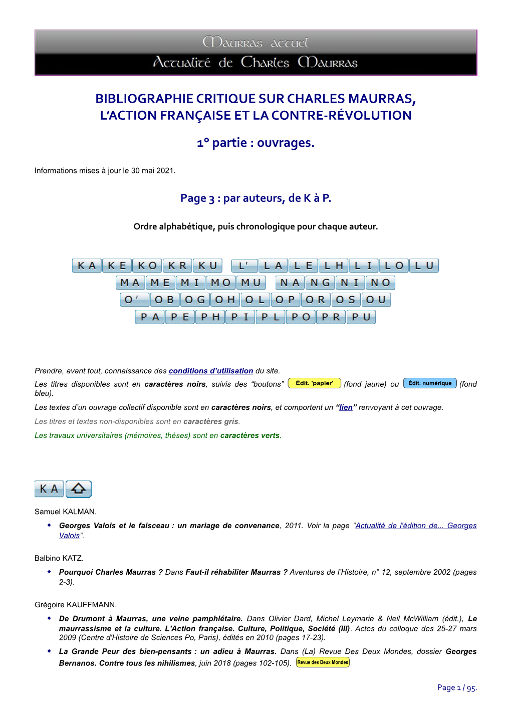 Bibliographie Critique Sur Charles Maurras Et L'action Française. De K