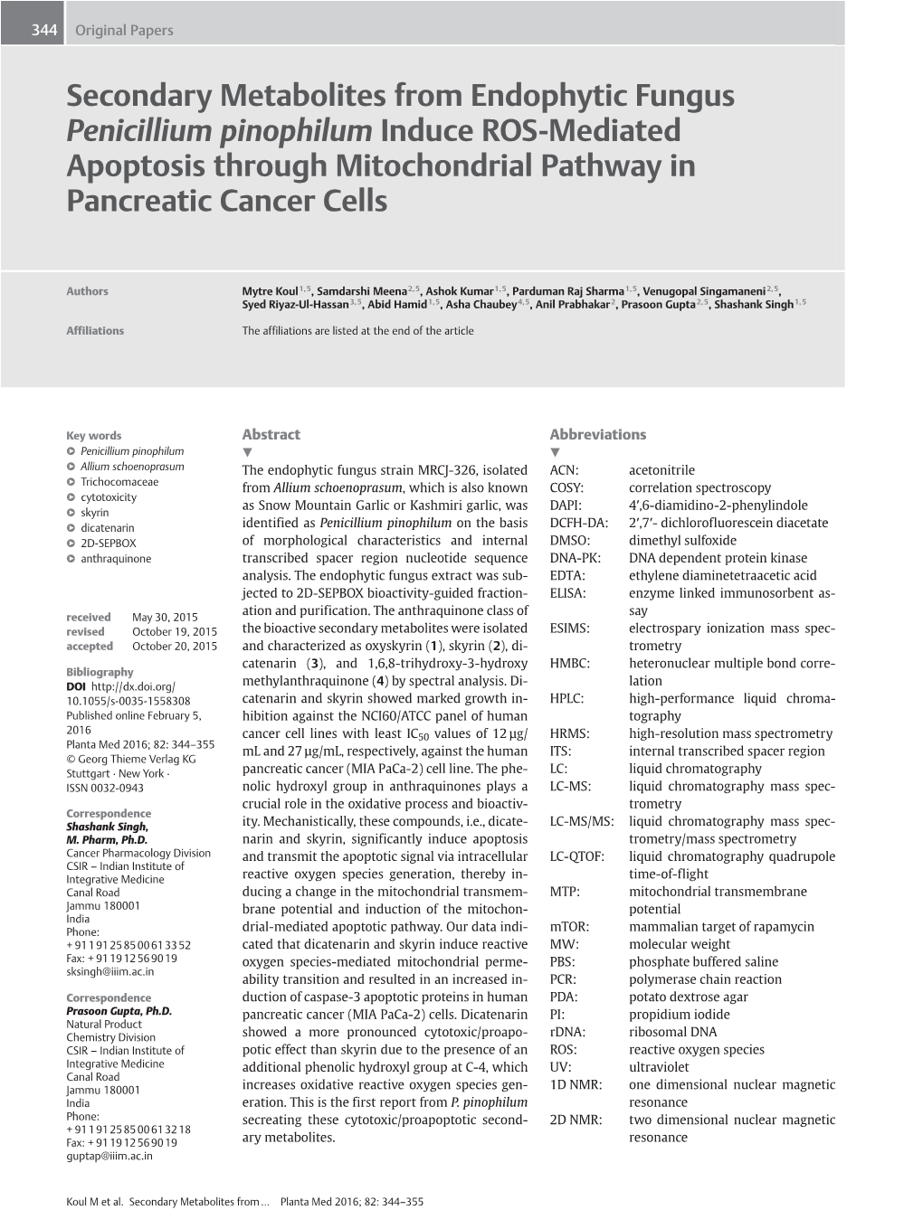 Secondary Metabolites from Endophytic Fungus Penicillium Pinophilum Induce ROS-Mediated Apoptosis Through Mitochondrial Pathway in Pancreatic Cancer Cells