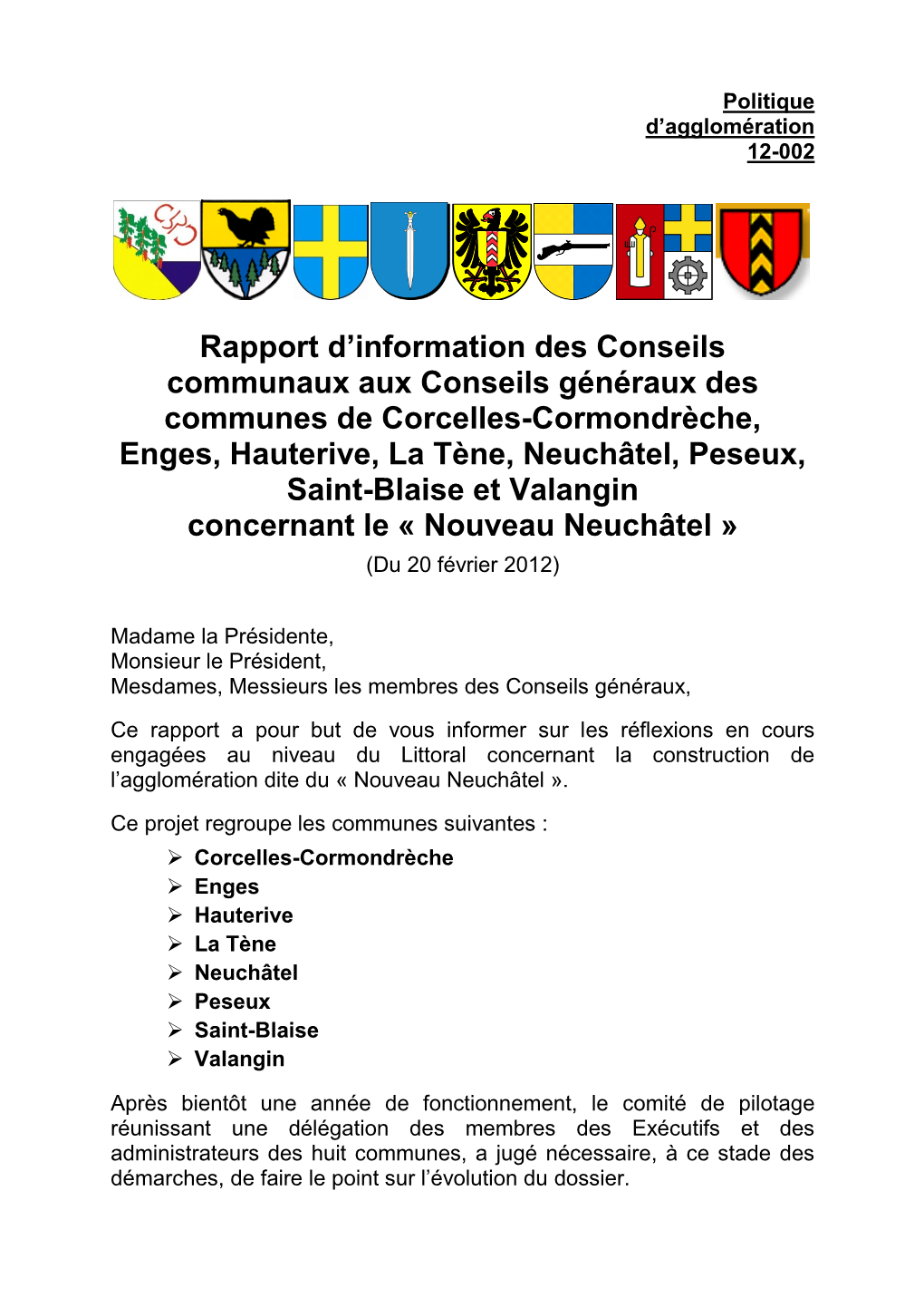 Rapport D'information Des Conseils Communaux Aux Conseils Généraux Des Communes De