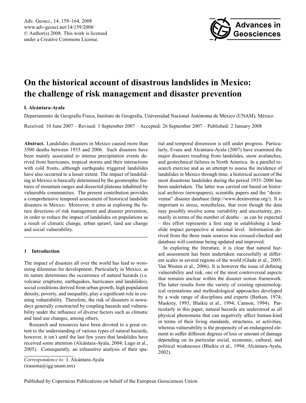 On the Historical Account of Disastrous Landslides in Mexico: the Challenge of Risk Management and Disaster Prevention