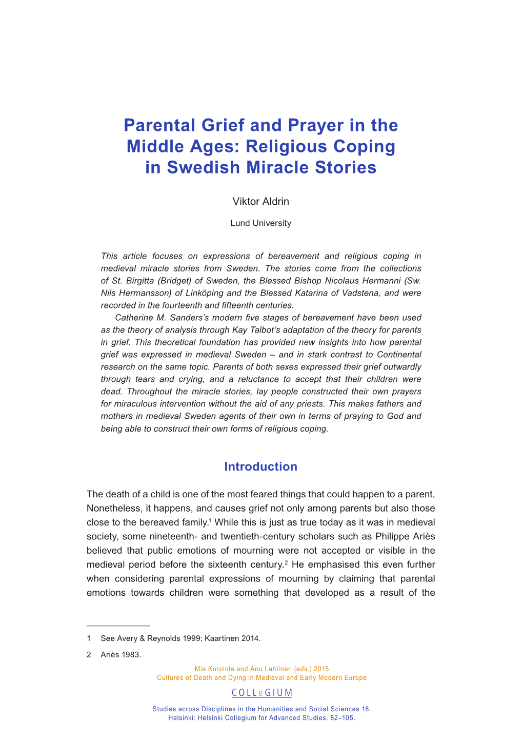 Parental Grief and Prayer in the Middle Ages: Religious Coping in Swedish Miracle Stories