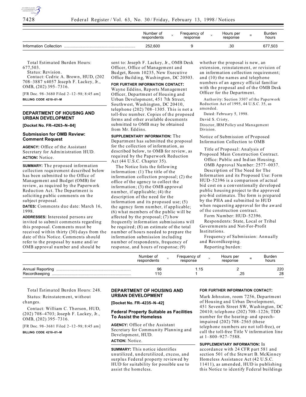 Federal Register/Vol. 63, No. 30/Friday, February 13, 1998/Notices