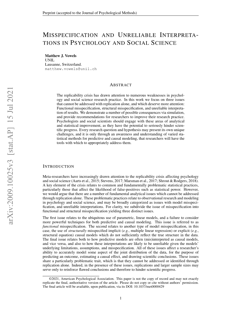 Arxiv:2009.10025V3 [Stat.AP] 15 Jul 2021 Functional Misspeciﬁcation