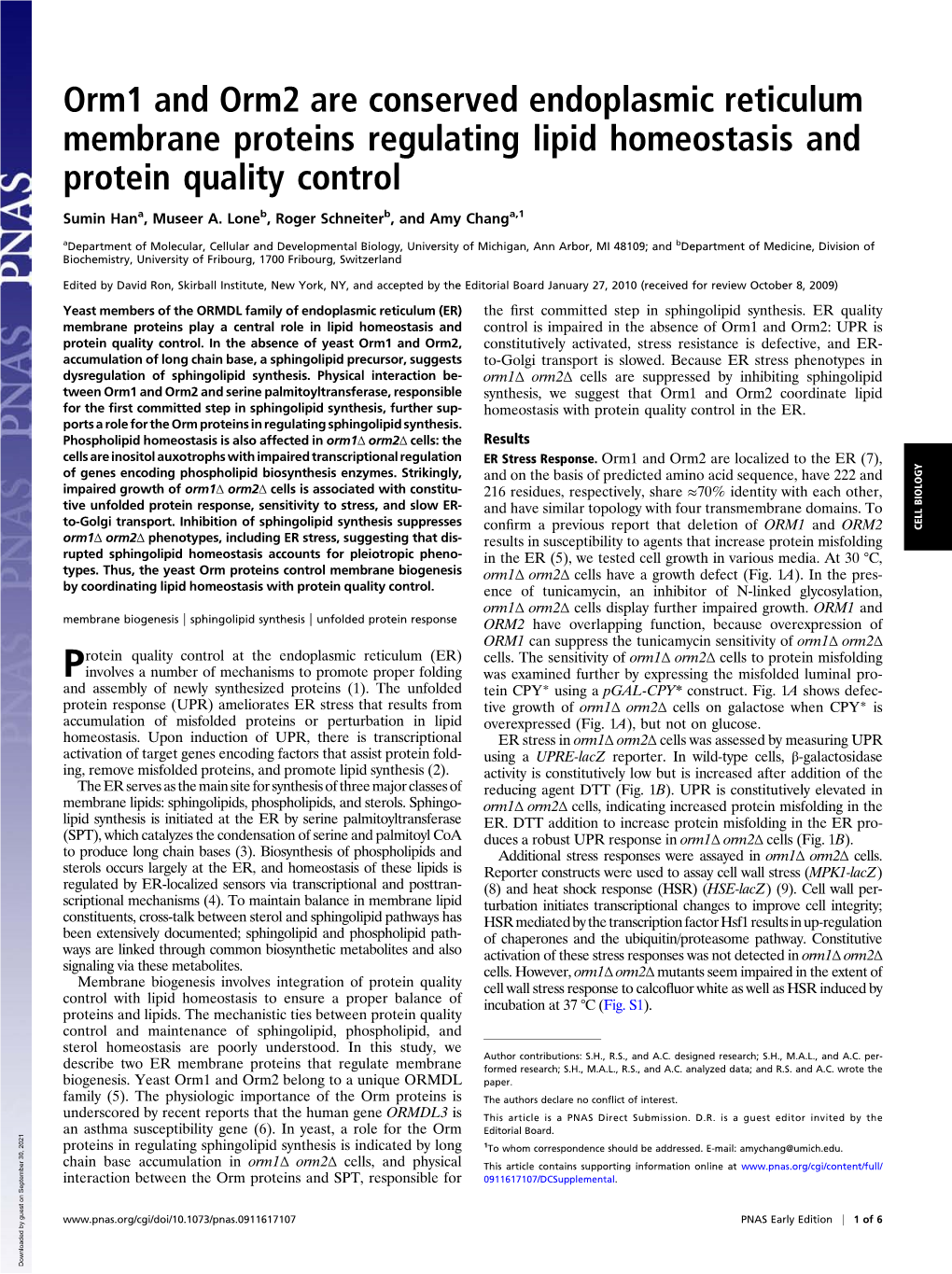 Orm1 and Orm2 Are Conserved Endoplasmic Reticulum Membrane Proteins Regulating Lipid Homeostasis and Protein Quality Control