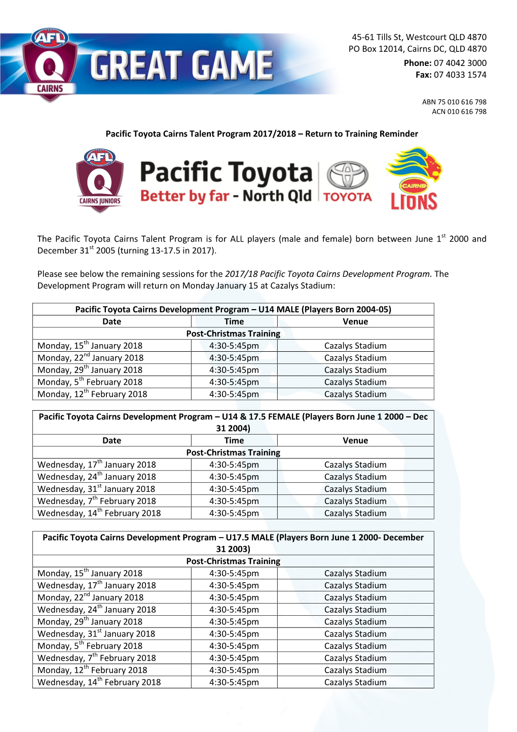 Pacific Toyota Cairns Talent Program 2017/2018 – Return to Training Reminder