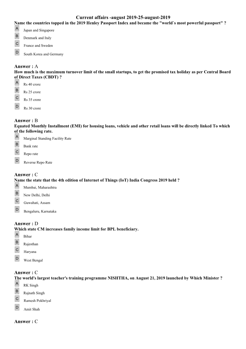 Current Affairs -August 2019-25-August-2019 Answer