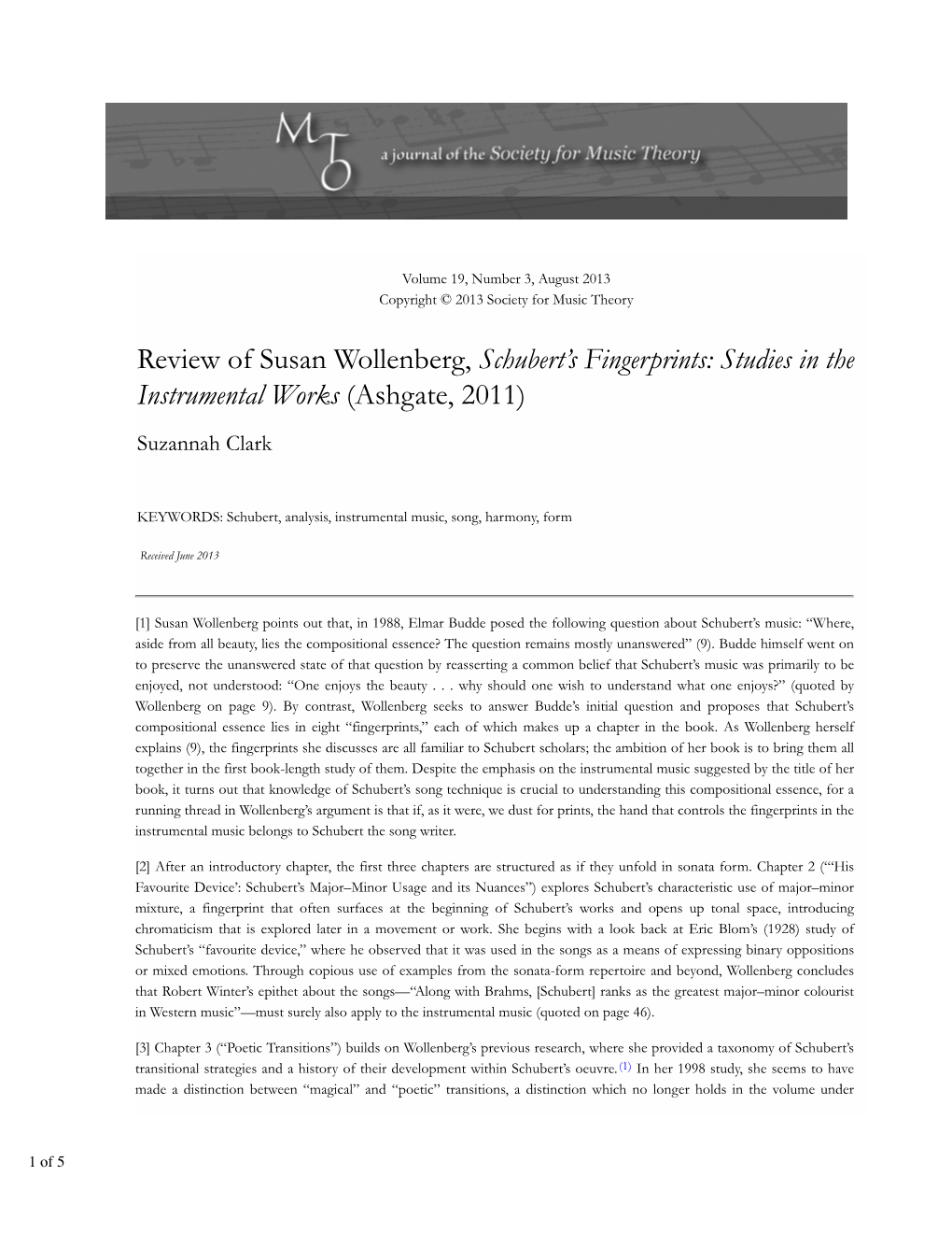 MTO 19.3: Clark, Review of Wollenberg, Schubert's Fingerprints