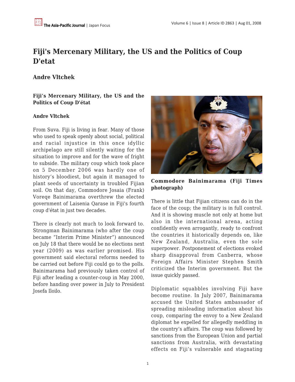 Fiji's Mercenary Military, the US and the Politics of Coup D'etat