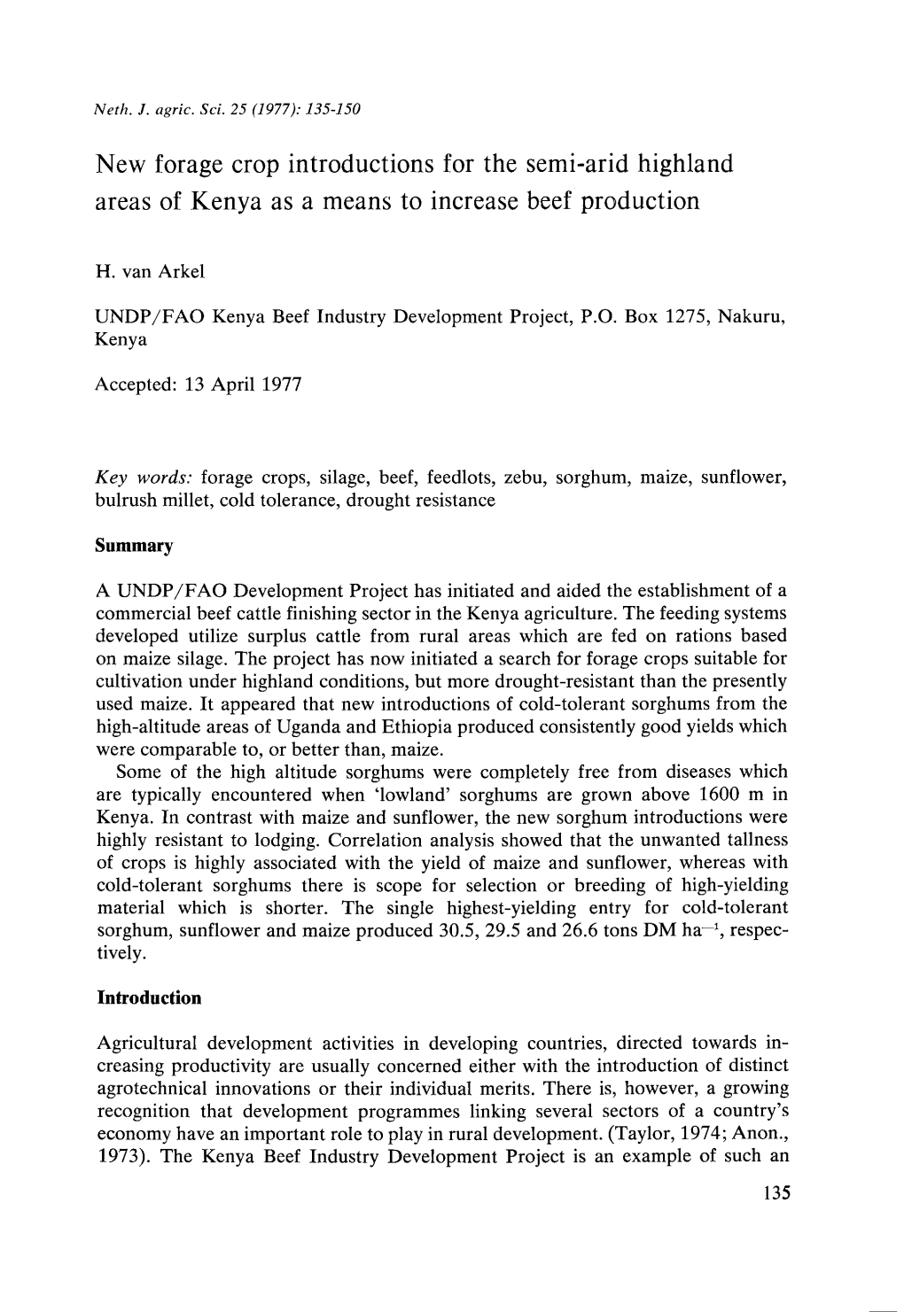 New Forage Crop Introductions for the Semi-Arid Highland Areas of Kenya As a Means to Increase Beef Production