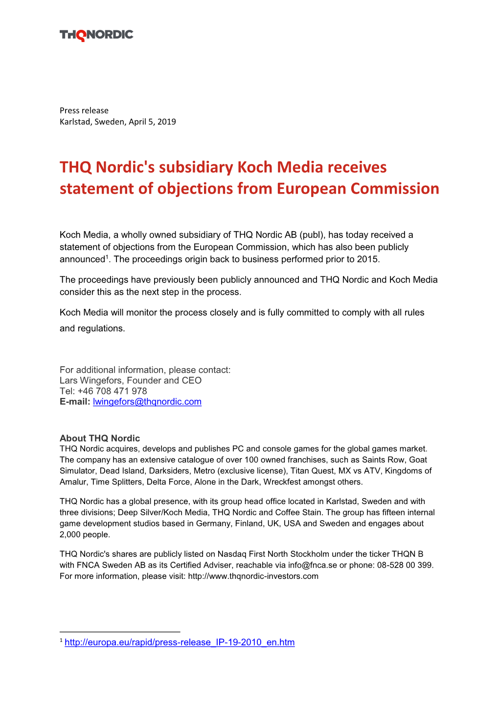 THQ Nordic's Subsidiary Koch Media Receives Statement of Objections from European Commission