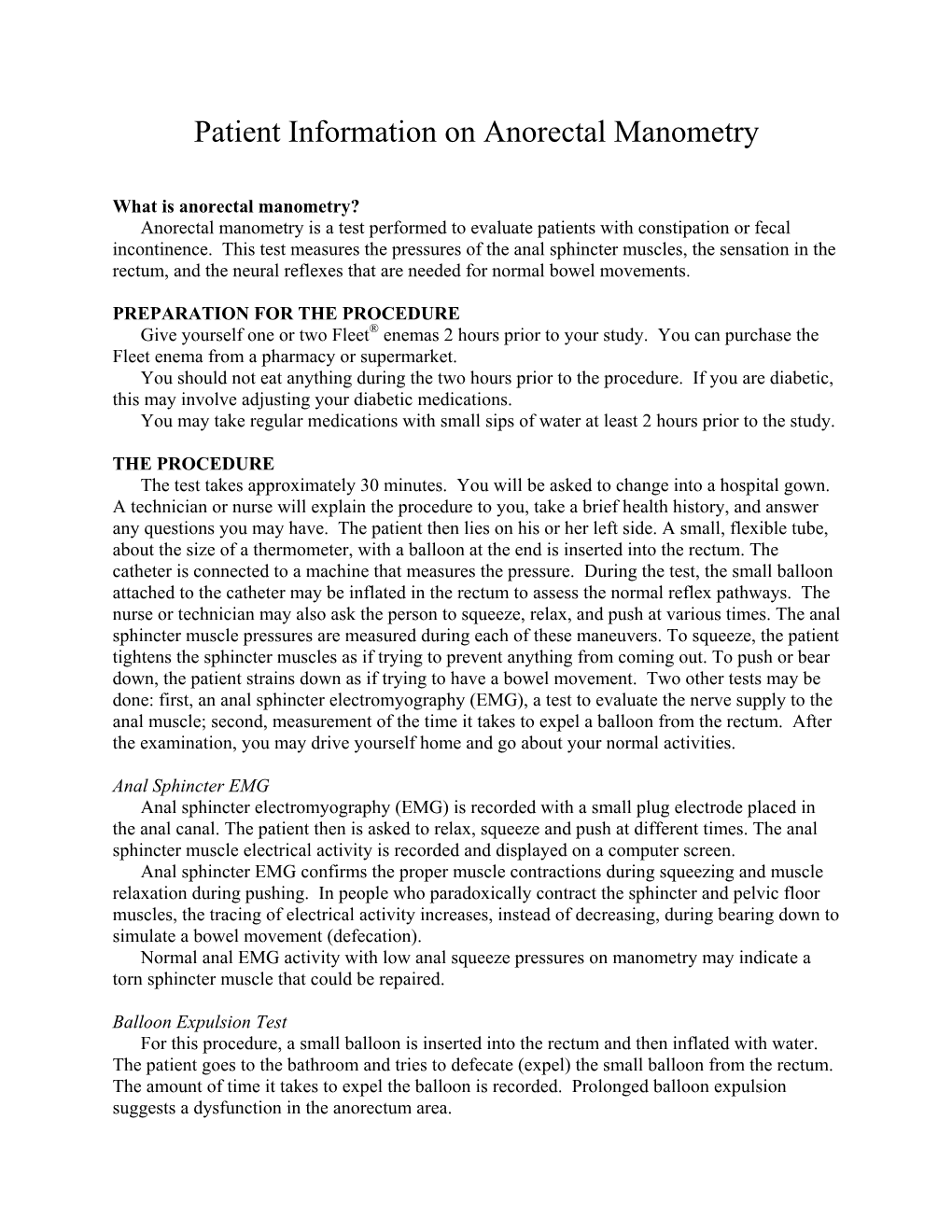 Patient Information on Anorectal Manometry