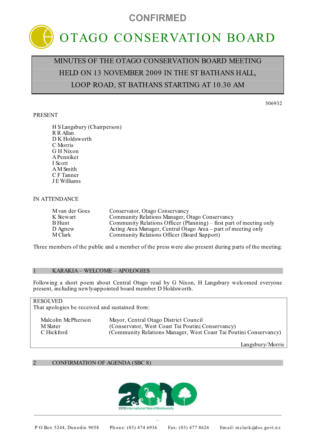 Minutes of the Otago Conservation Board Meeting 13 November 2009