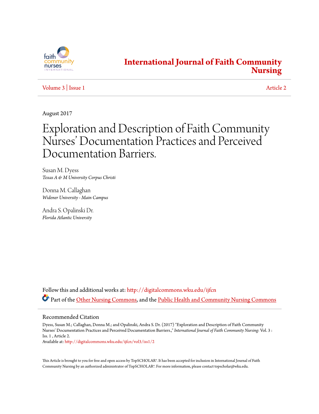 Exploration and Description of Faith Community Nurses' Documentation