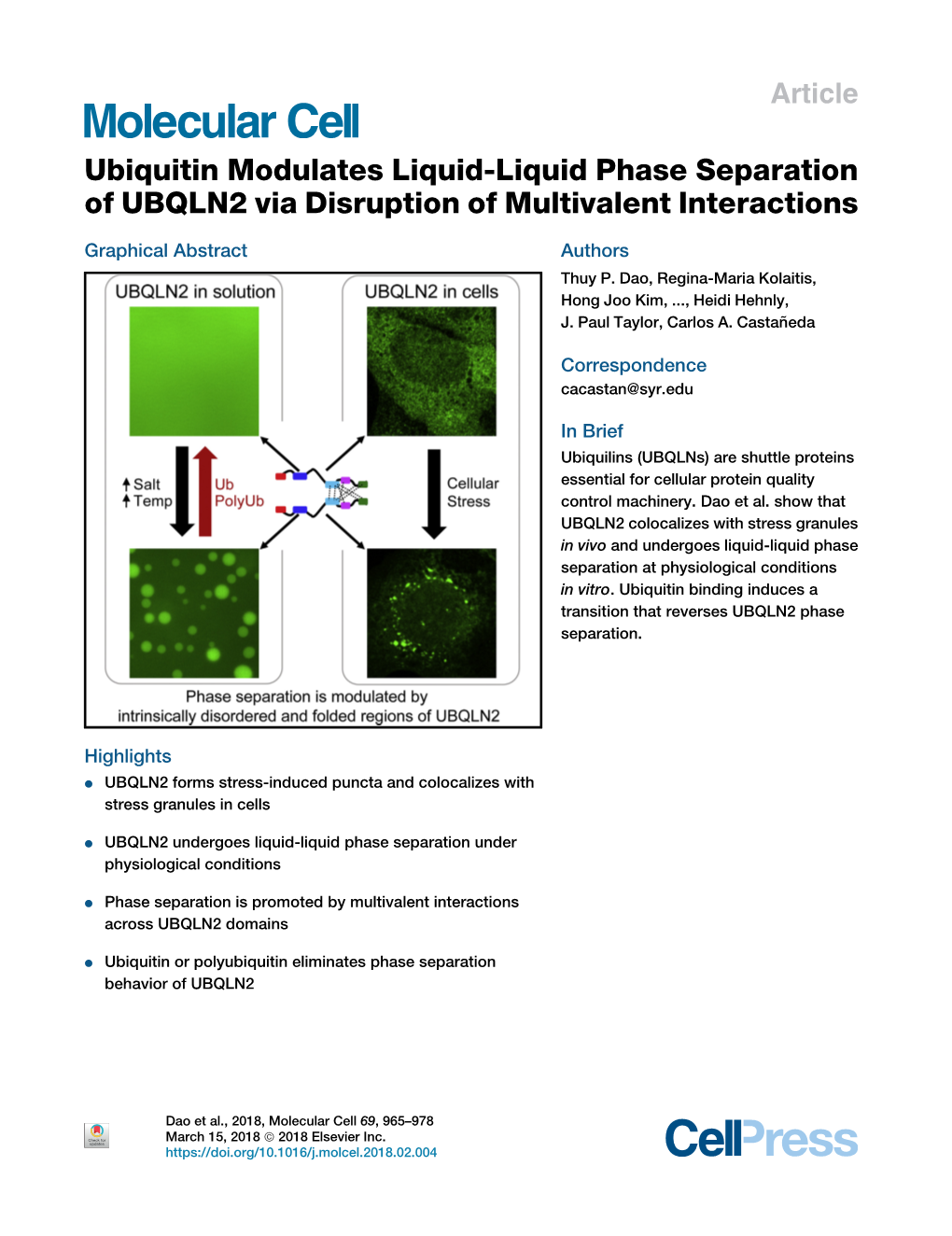 Ubiquitin Modulates Liquid-Liquid Phase Separation of UBQLN2 Via Disruption of Multivalent Interactions