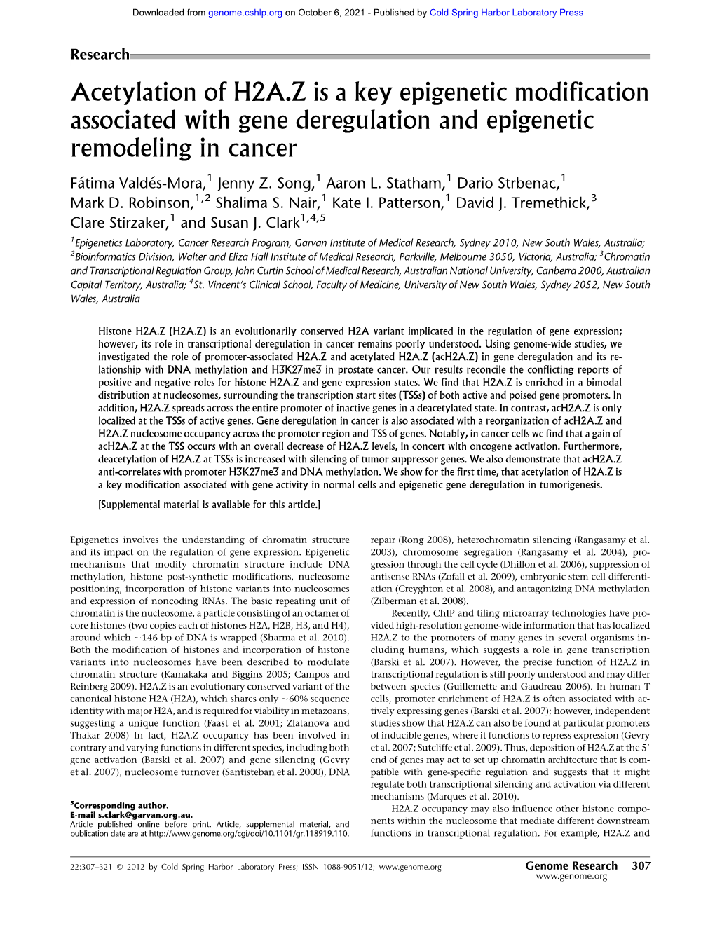 Acetylation of H2A.Z Is a Key Epigenetic Modification Associated with Gene Deregulation and Epigenetic Remodeling in Cancer