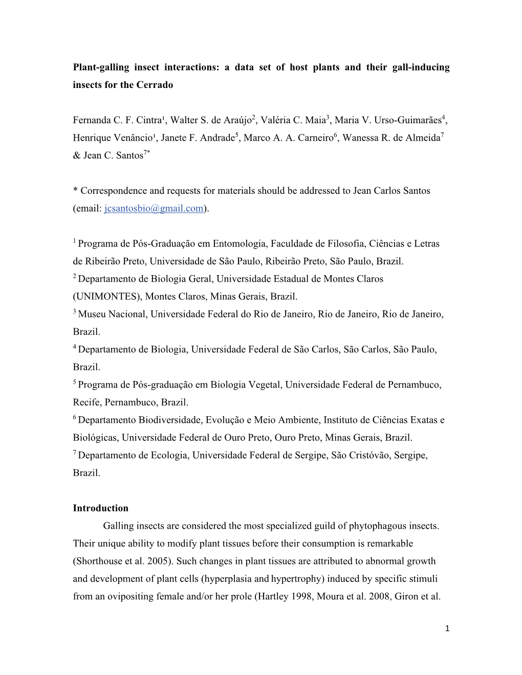 Plant-Galling Insect Interactions: a Data Set of Host Plants and Their Gall-Inducing Insects for the Cerrado