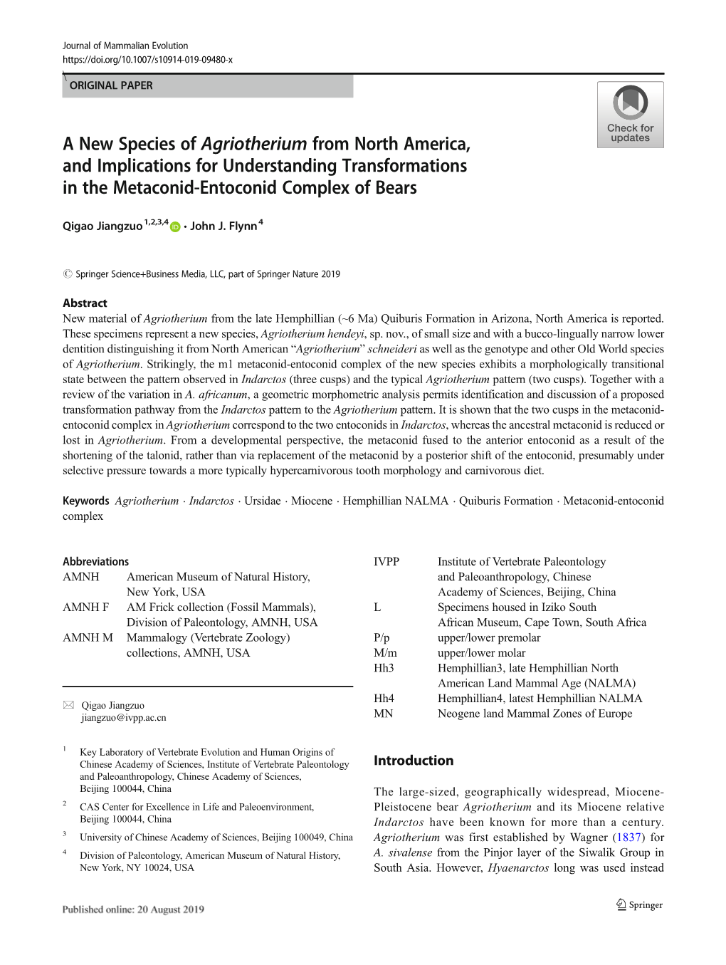 A New Species of Agriotherium from North America, and Implications for Understanding Transformations in the Metaconid-Entoconid Complex of Bears