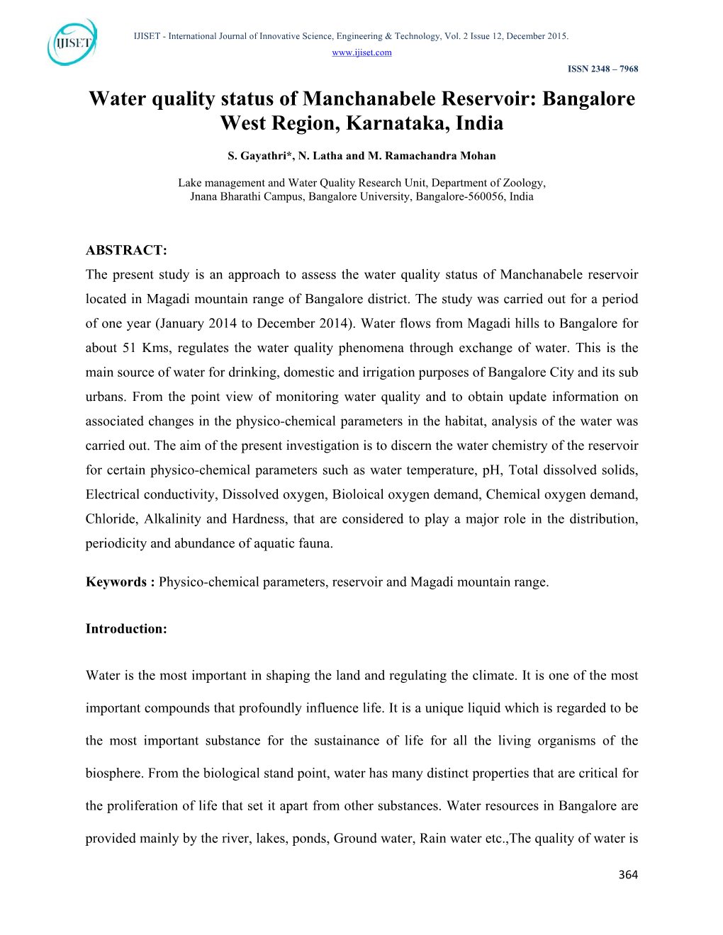 Water Quality Status of Manchanabele Reservoir: Bangalore West Region, Karnataka, India