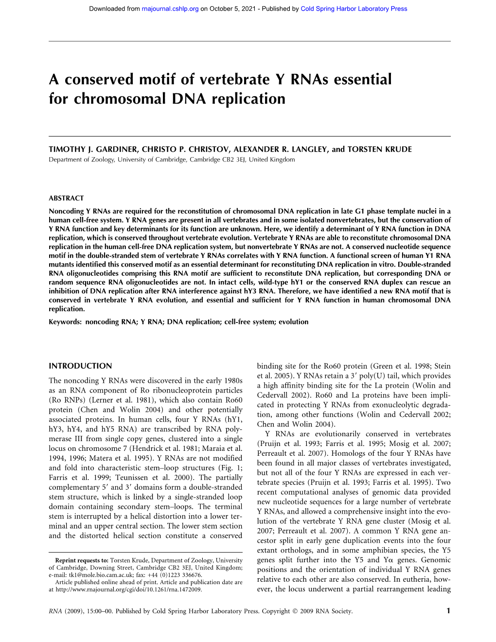 A Conserved Motif of Vertebrate Y Rnas Essential for Chromosomal DNA Replication