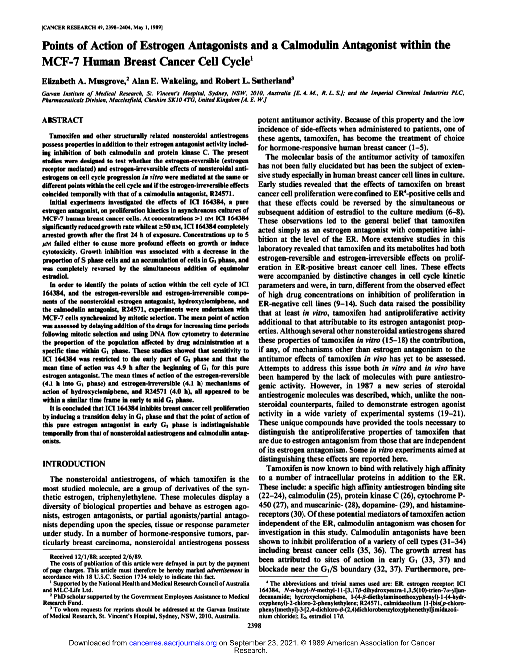 Points of Action of Estrogen Antagonists and a Calmodulin Antagonist Within the MCF-7 Human Breast Cancer Cell Cycle1