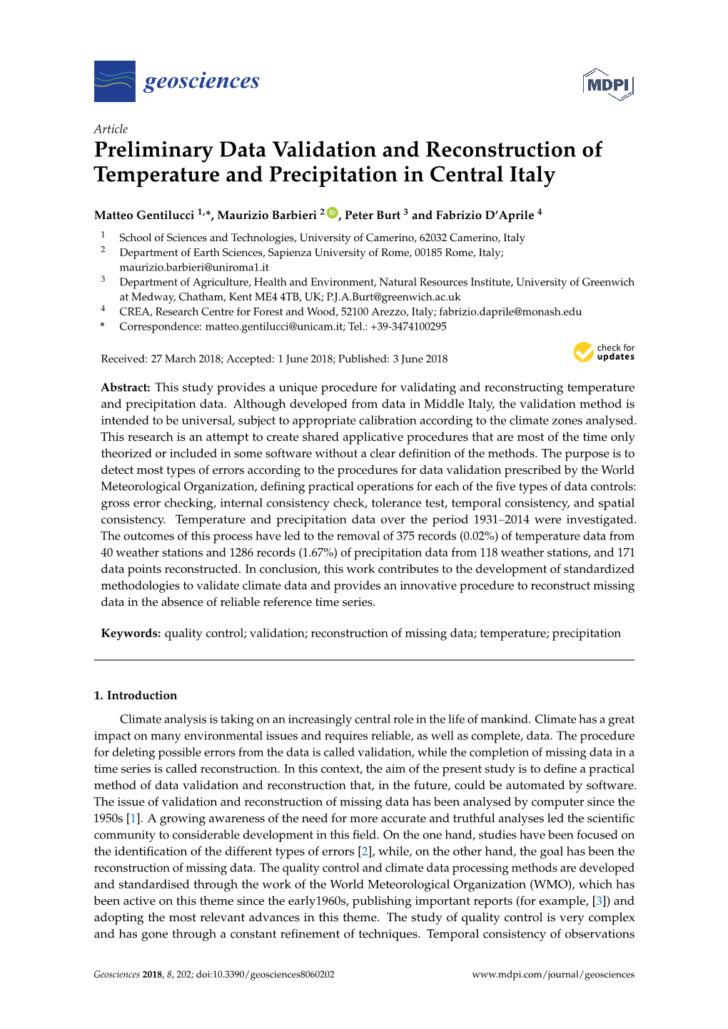 Preliminary Data Validation and Reconstruction of Temperature and Precipitation in Central Italy