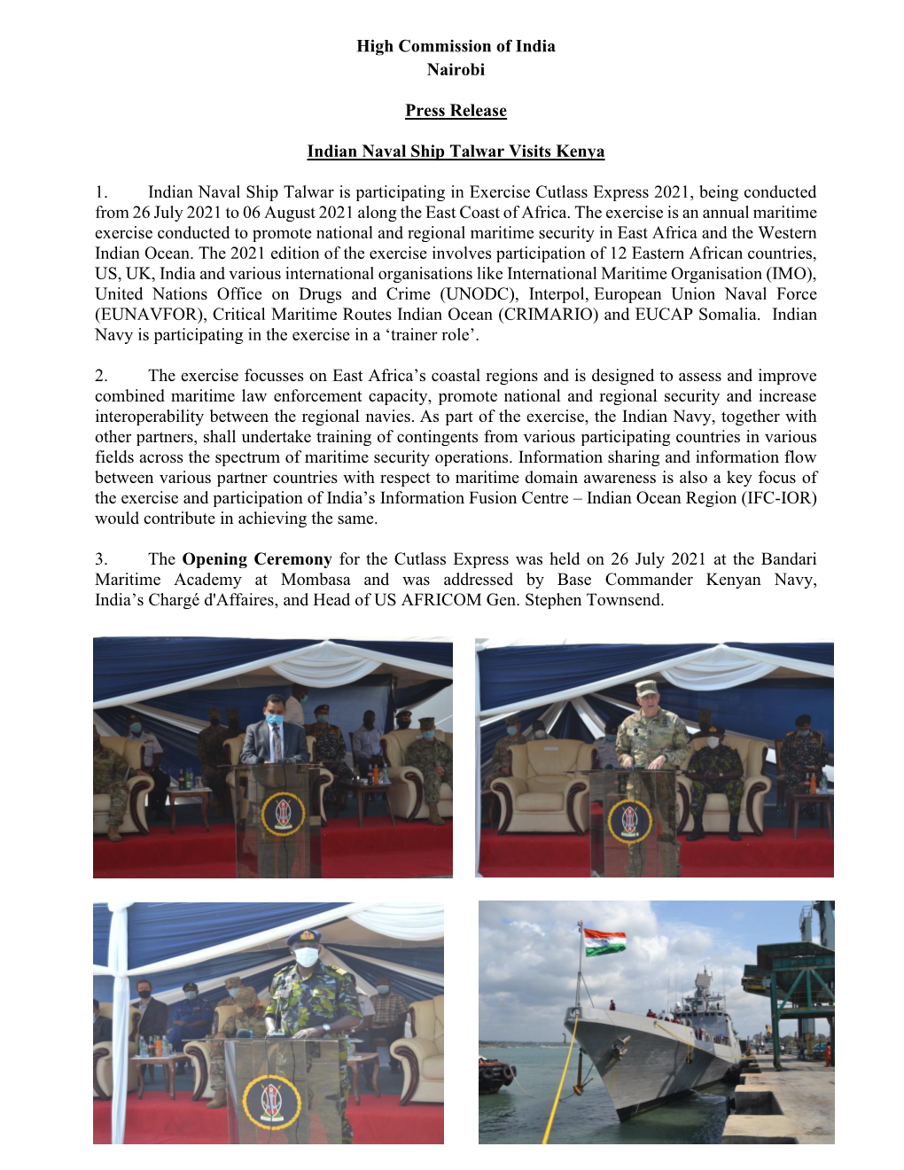 Visit of Indian Naval Ship Talwar to Kenya